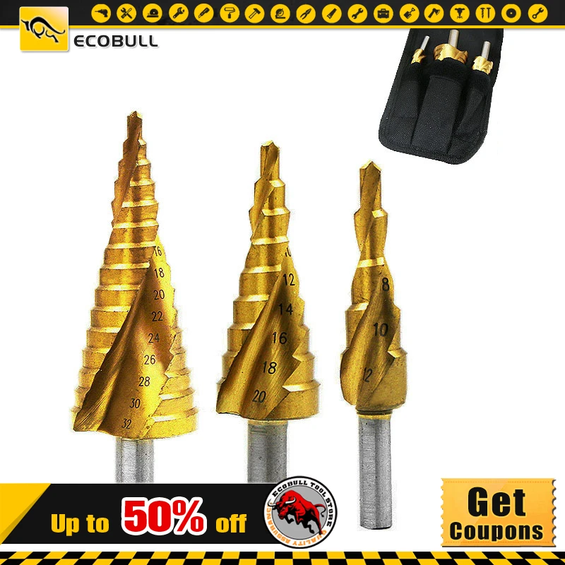 

3pcs Triangle Shank / Hexagon Shank Titanium Plated Spiral Groove Step Drill Set High Speed Steel Pagoda Reaming Bit Kit