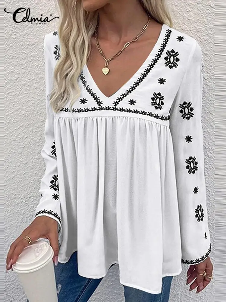 

2022 Summer Street Stitched Tunic Fashion Women's V Neck Blouses Celmia Elegant Floral Print Shirt Casual Flare Long Sleeve Tops