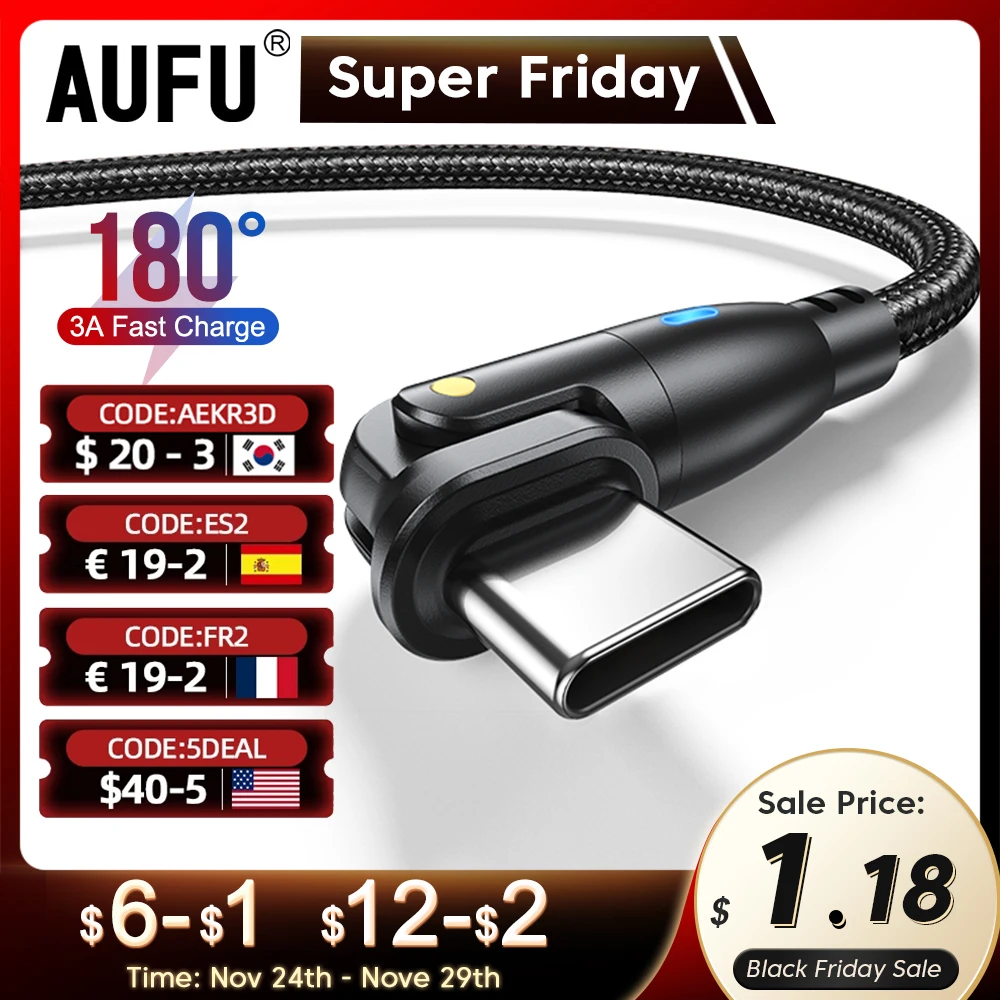  AUFU USB Type C Cable For Realme Huawei P30 3A Fast Charging Data Cord For Samsung Oneplus Poco F3 IPhone Charger Micro USB Wire 