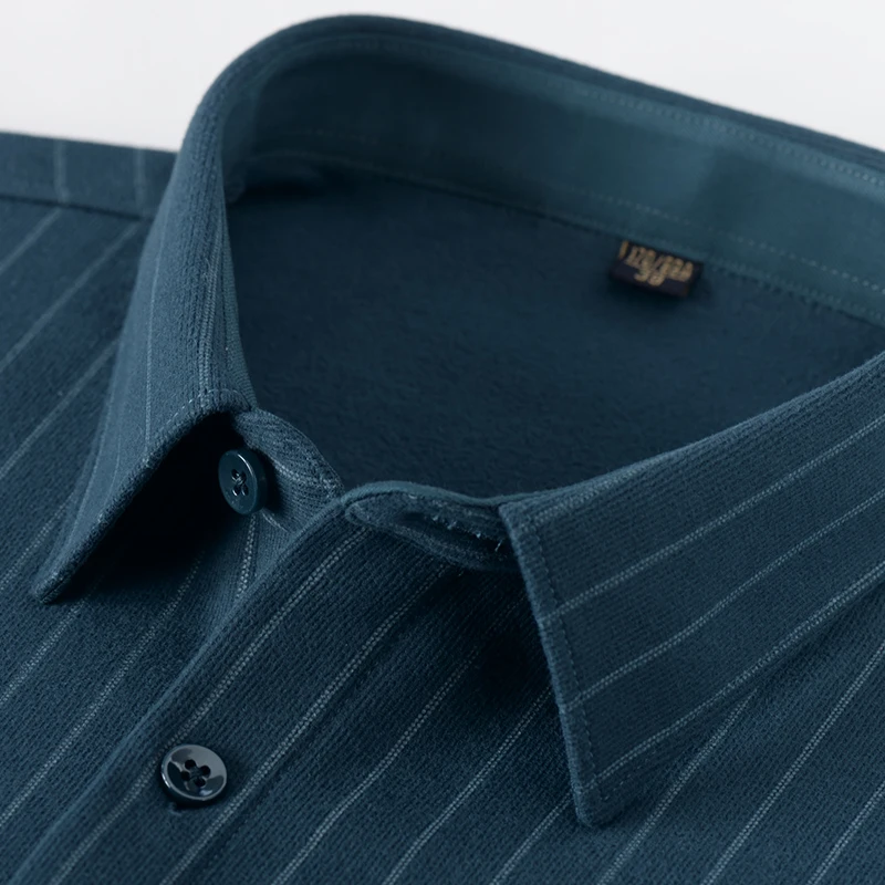 New Men's Thick Velvet Dress Shirt Shirts Winter Autumn Long Sleeve Stretch Soft Solid Striped Fleece Lining Slim Brushed Shirt