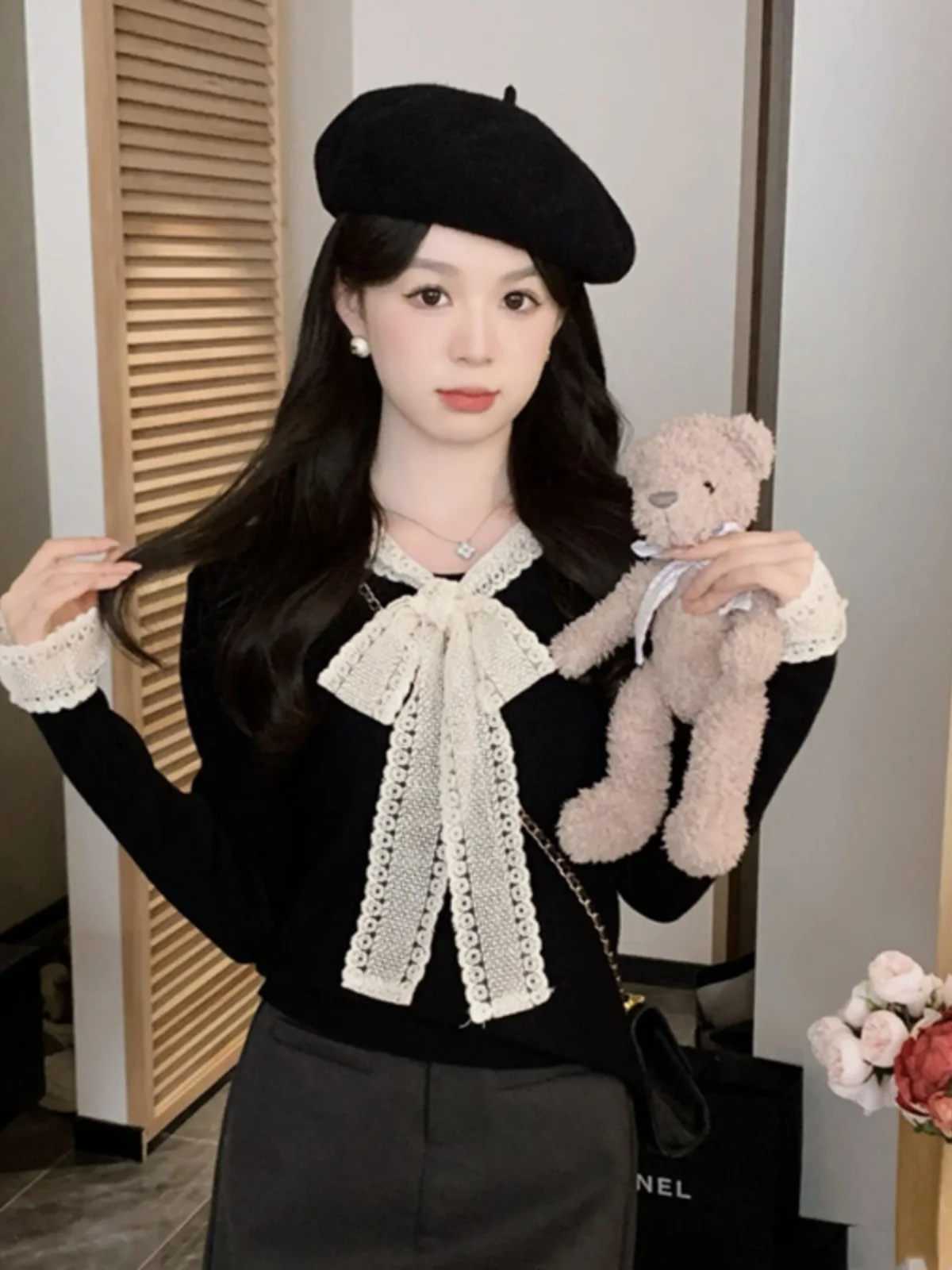 Французский милый кружевной вязаный женский осенне-зимний мягкий клейкий свитер