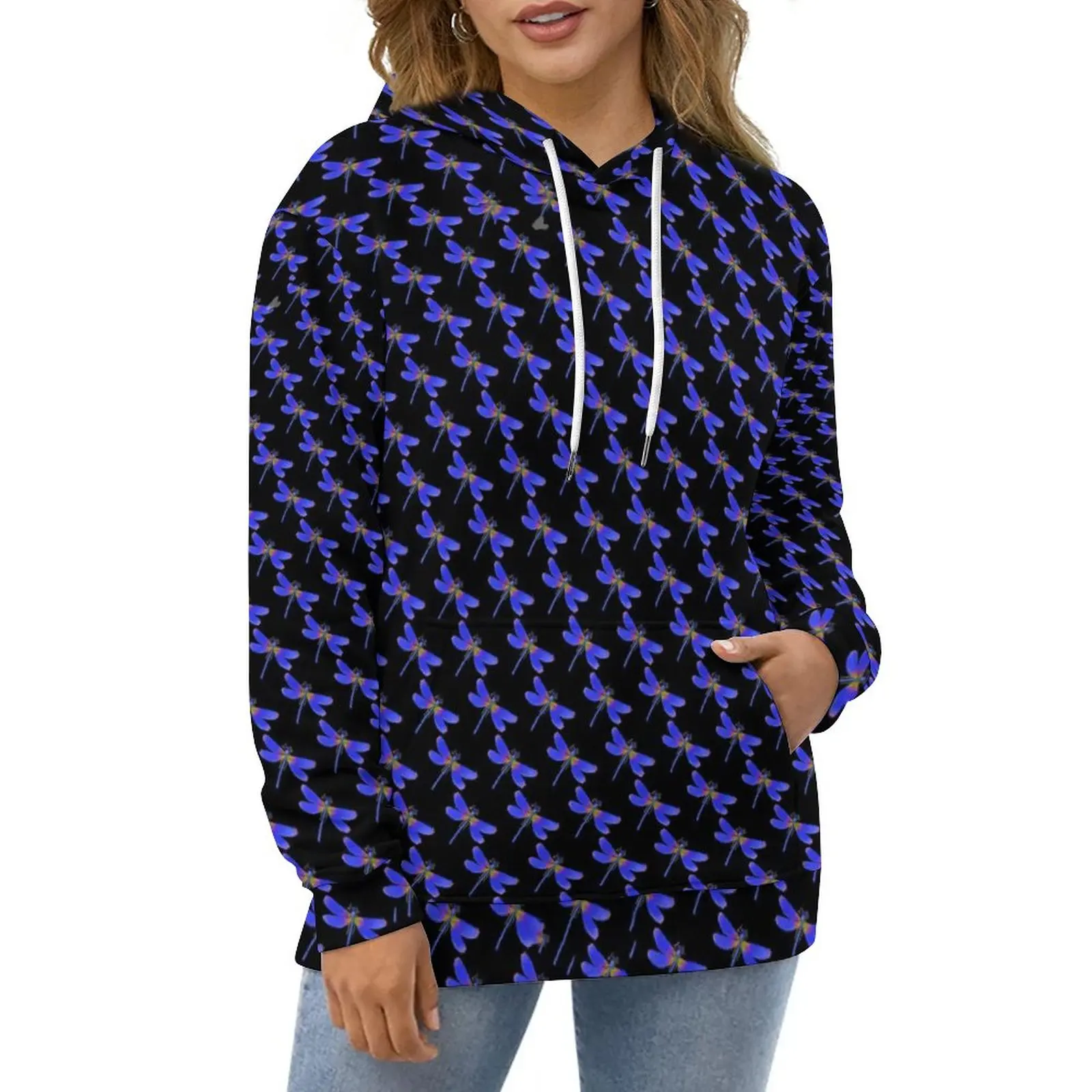 

Blue Dragonfly Hoodies Long Sleeve Cute Animal Print Modern Casual Hoodie Winter Street Style Oversize Loose Hooded Sweatshirts
