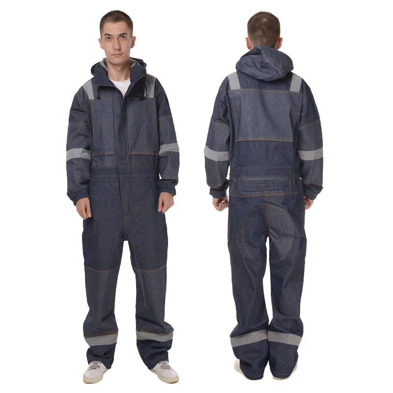 Hooded Work Clothing Mens Coverall Repairman Jumpsuits Working Uniforms Workwear Coveralls Long Sleeve With Reflective Stripes