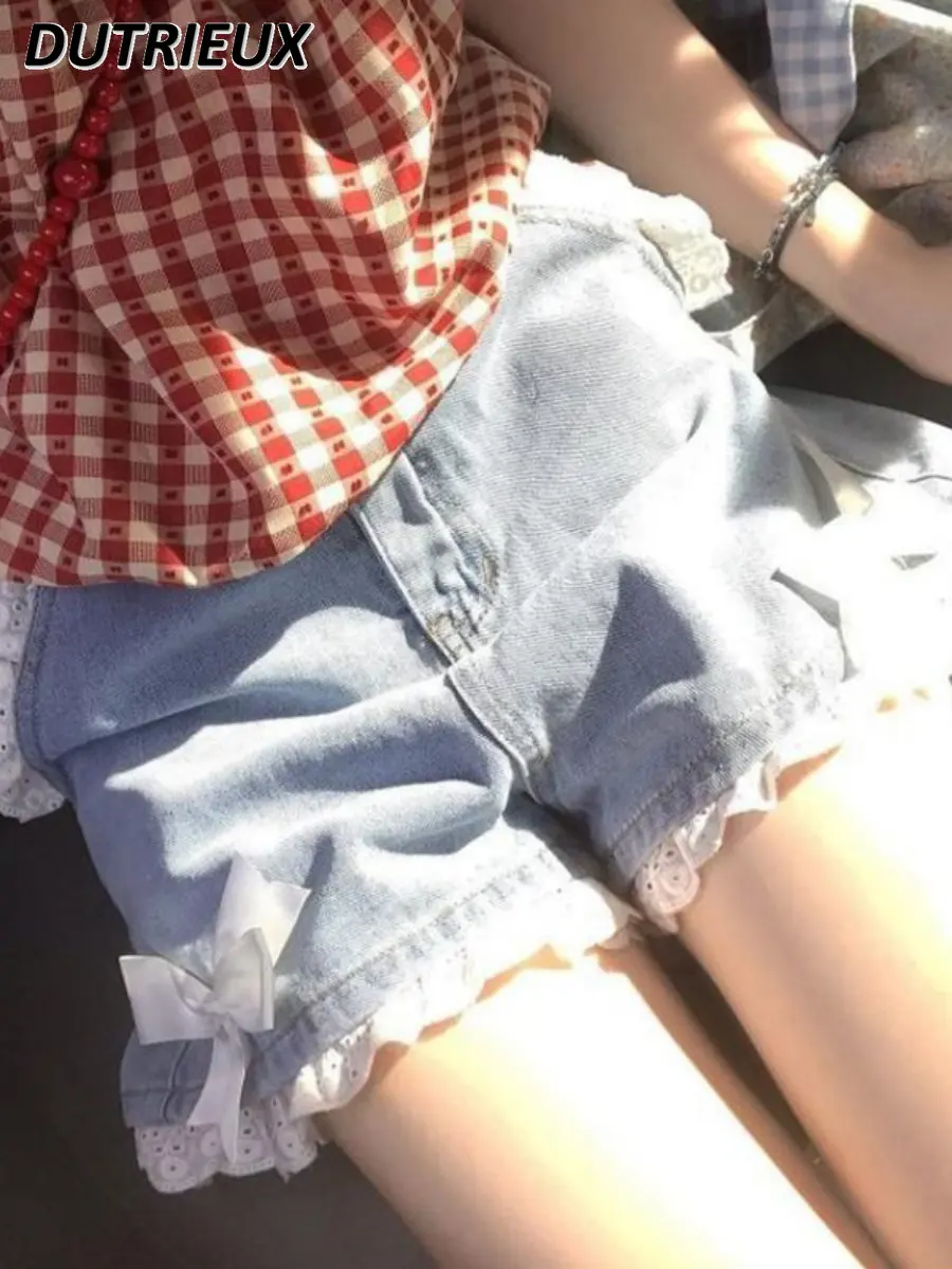 

Japanese Lolita Soft Girl Denim Shorts Women Student Spring Summer High Waist Lace Bow A- Line Wide Leg Shorts Jeans Short Pants