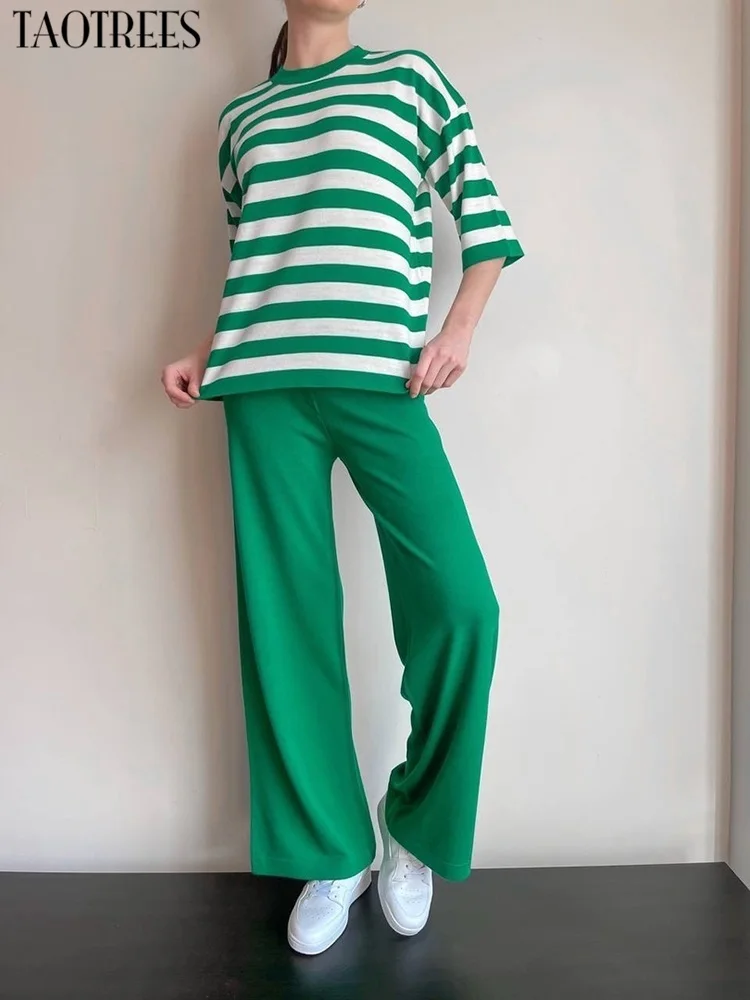 

Костюм спортивный Taotrees Женский трикотажный, свитер с круглым вырезом и коротким рукавом, свободный топ и брюки с широкими штанинами, компле...