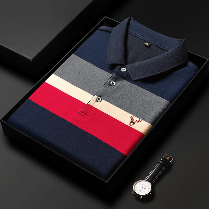 

polo High embroidered quality shirt exquisite men's long sleeve business casual men's contrast Lapel stripe T-Shirt New Top