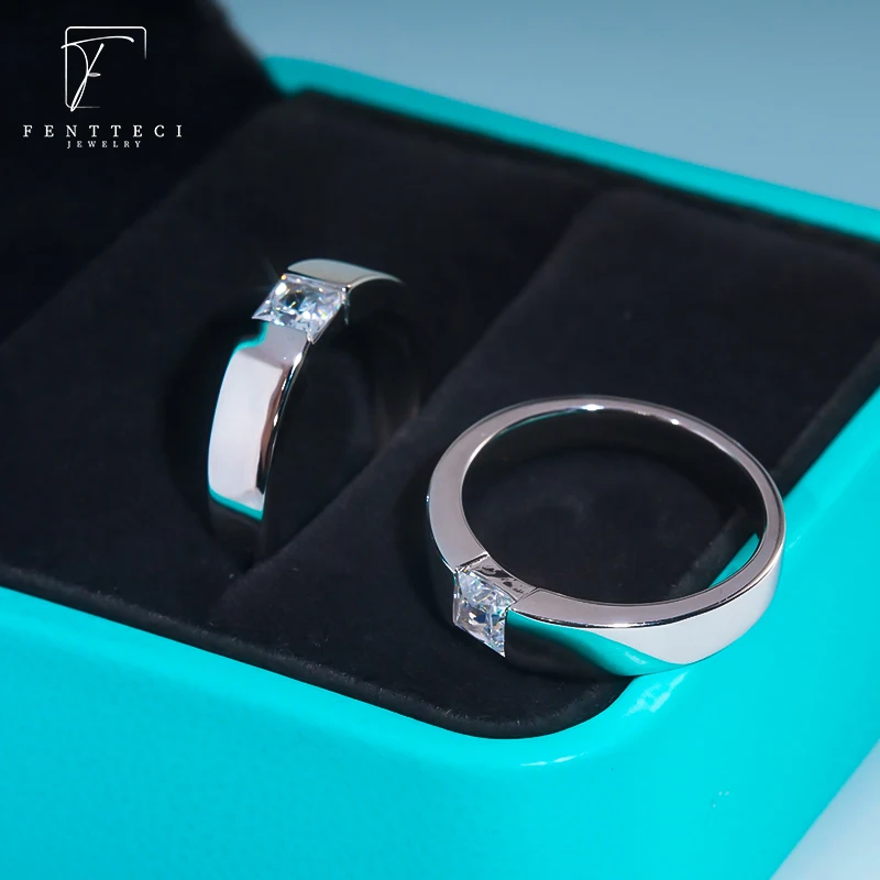 FENTTECI S925 Sterling Silver AAAAA Zircon Men's Diamond Ring Wedding Ring Square Stone Couple's Ring For Men Boyfriend Gift