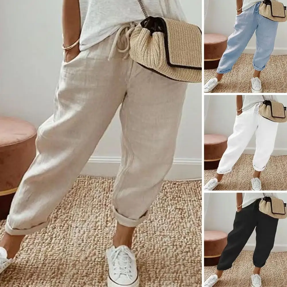 

Брюки женские с карманами и высокой талией, повседневные мягкие дышащие офисные штаны на шнурке, повседневная одежда на лето