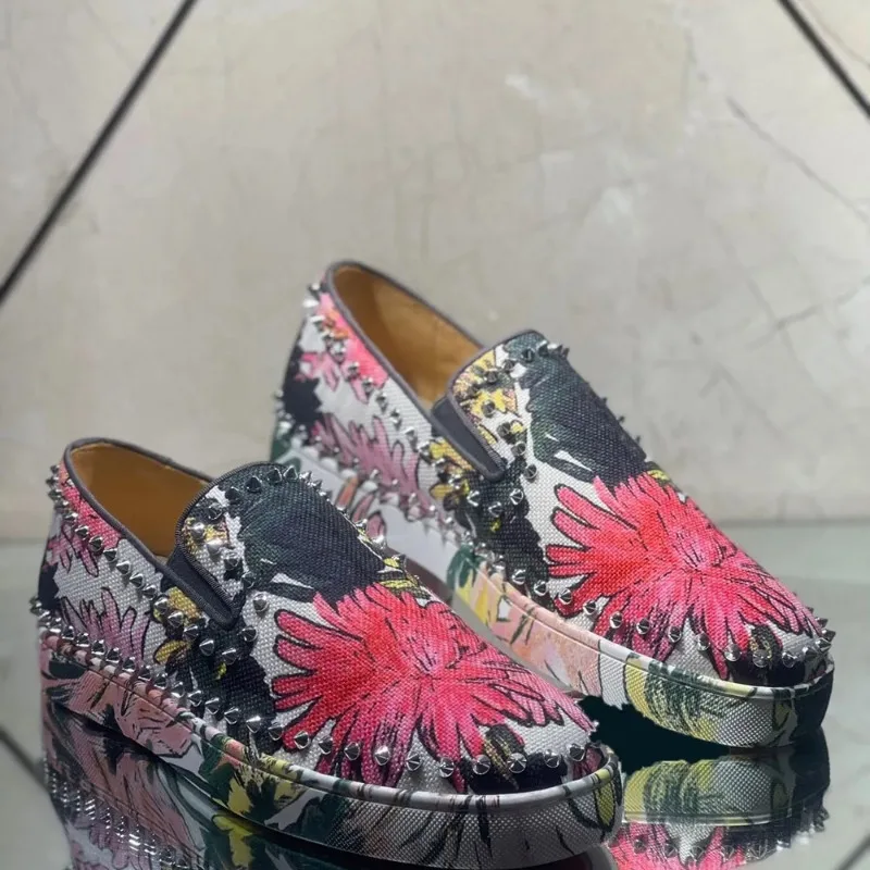 

Low Top Multicolored Leather Floral Print Wedding Red Bottom Shoes For Men Silver Nail Casual Flats Loafers Sneaker Women Spikes