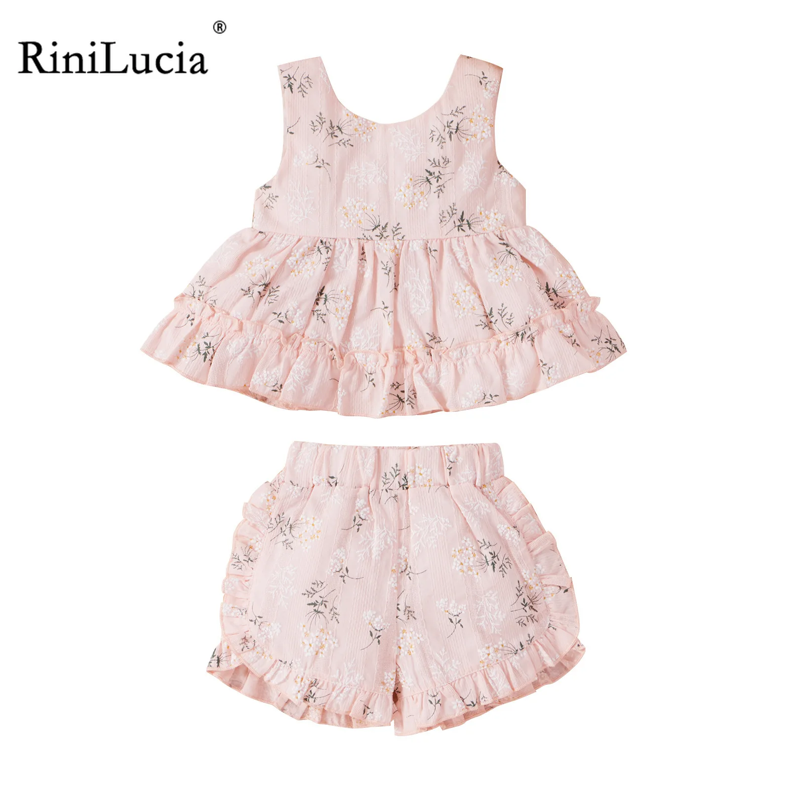 

RiniLucia 2022 Summer Children Clothes Girl 2pcs Sweet Sleeveless Floral Ruffle Fashion Tops and Loose Shorts for Girls