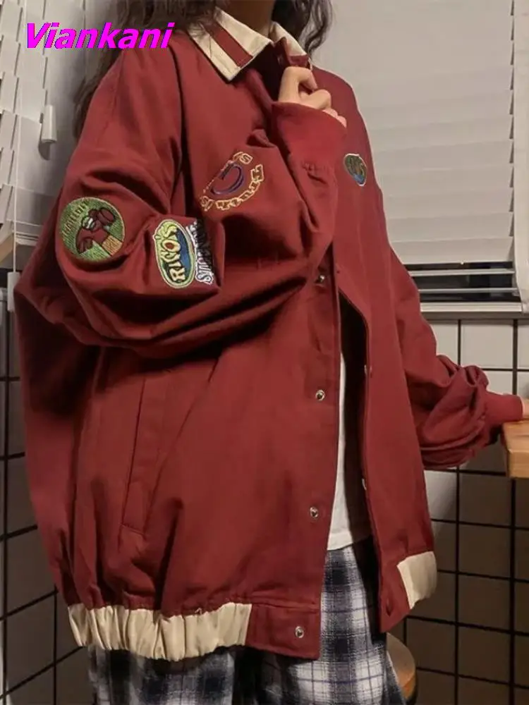 

Women Baseball Jackets Fashion BF Style Oversized Patchwork Coats Kpop Streetwear Casual All-match Outwear Long Sleeve Tops