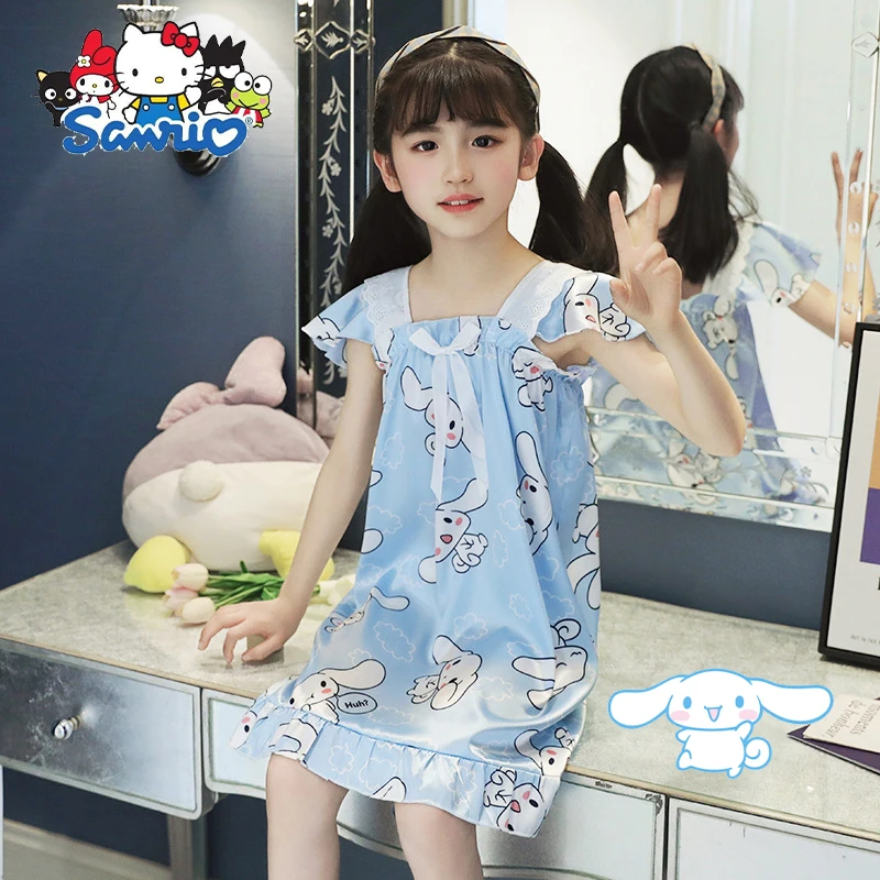 

Sanrio Cinnamoroll Children Nightdress Kuromi Cartoon Cute Anime Summer Students Girls Ice Silk Kids Pajamas Clothes Toys