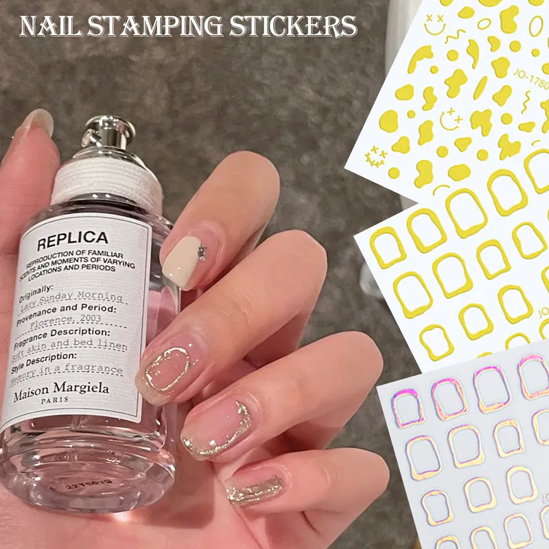 

1Pc Laser Cow Pattern Nail Art Sticker Hollow Square Designs Nail Decals Gold Edge Tattoos Decoration Manicure Foils Accessories