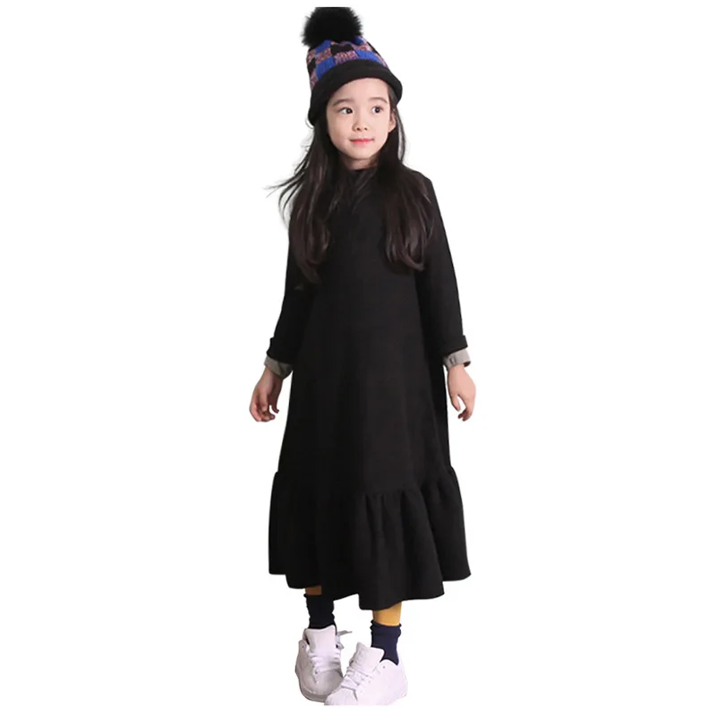 

2023 New Kids Teenager Girls Long Sleeve Solid Black Flare Dresses Casual Maxi Child Fashion Fall Autumn Maxi Dress Ruffles