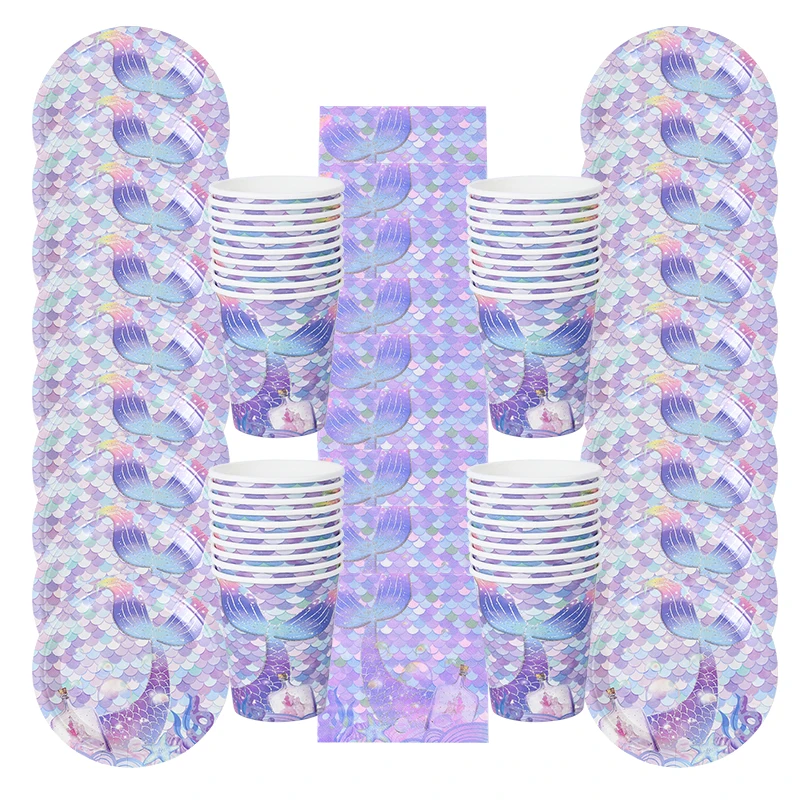 

40Pcs/Set Mermaid Party Disposable Tableware Little Mermaid Paper Plate Cup Napkin Girl Mermaid Birthday Decoration Supplies