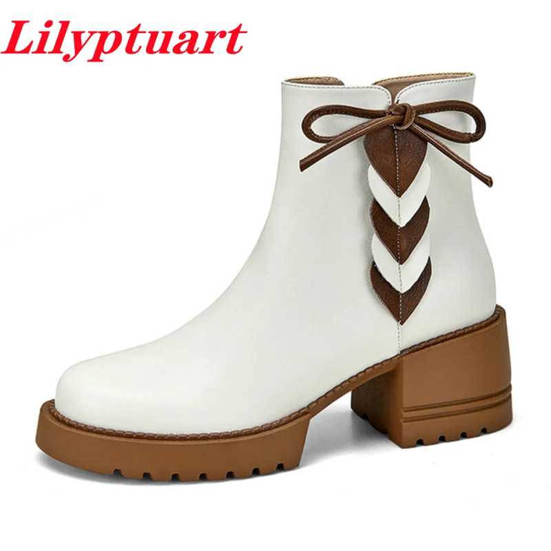 

LILYPTUART ZA Genuine Leather Ankle Boots, Fashion Elegant Round Head Mixed Color Bow High Heels for Women 2022, Platform Shoes