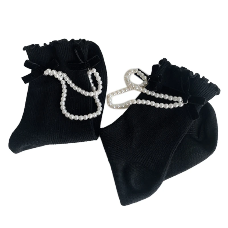 

Japanese Style Women Kawaii Short Ankle Socks Gothic Lolita Vintage Velvet Bowknot Imitation Pearl Chain Ruffled Trim Ribbed