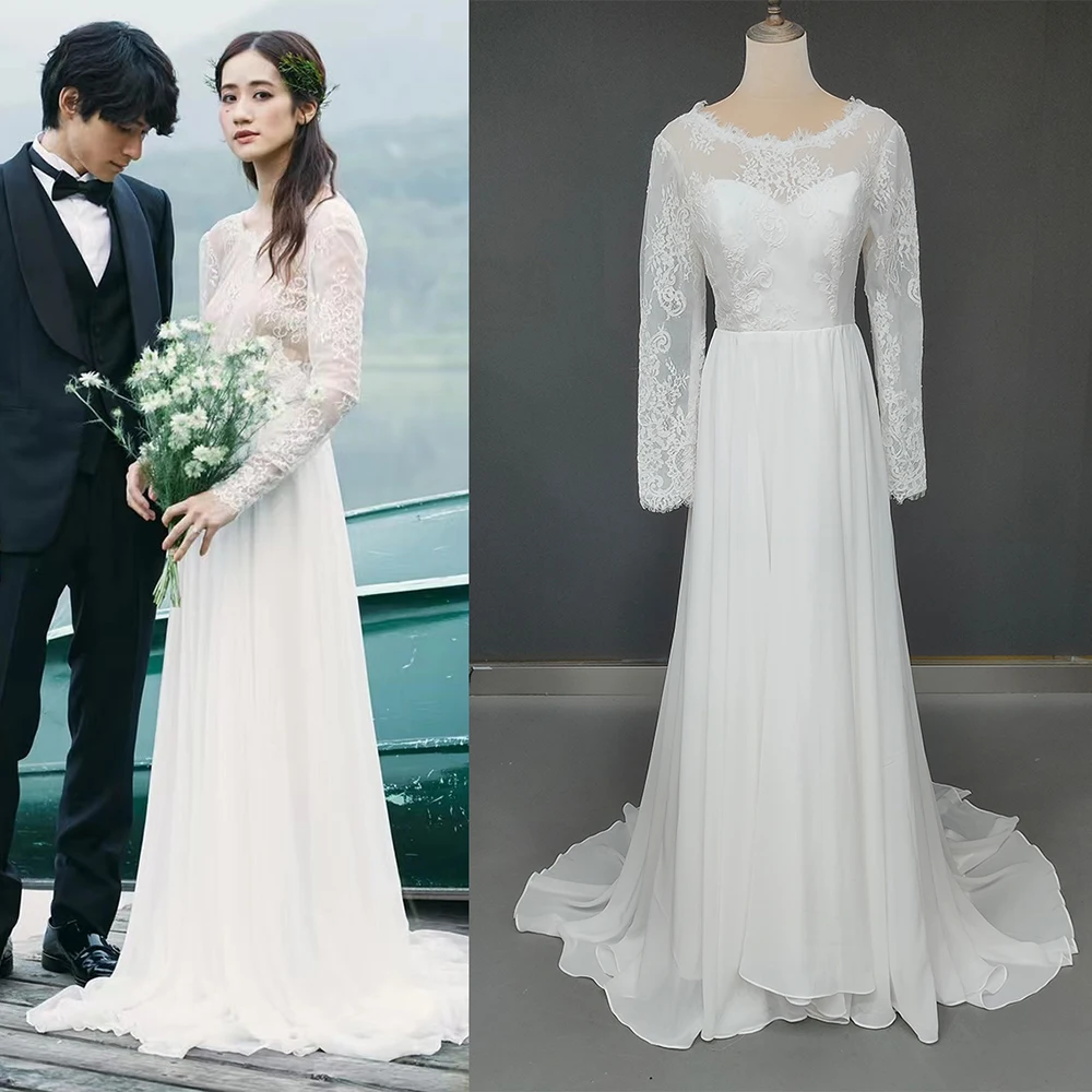 

Long Sleeves Boho Chiffon Scoop Neck Bridal Gown Custom Made Sheer Illusion Back Real Photos Chantity Lace Buttons Wedding Dress