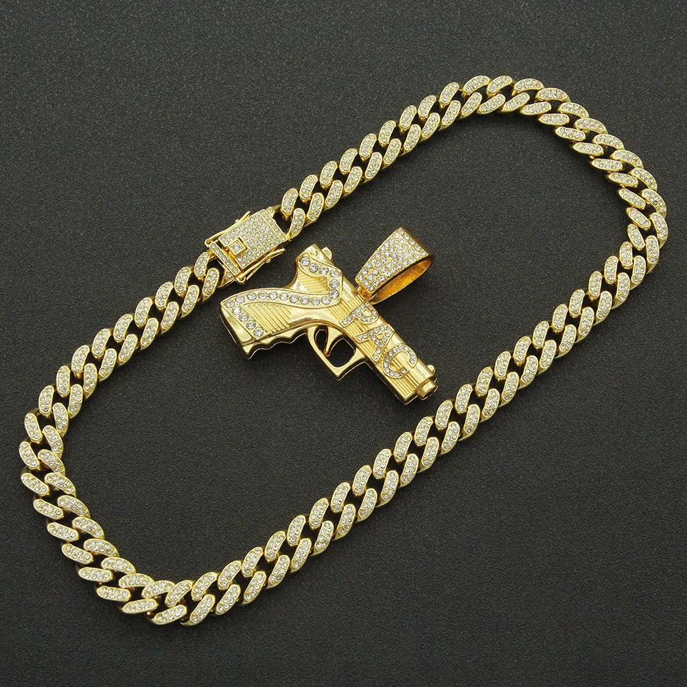

Iced Out Cuban Chains Bling Diamond Pistol Handgun Shooter Rhinestone Pendants Mens Necklaces Gold Choker Charm Jewelry for Male