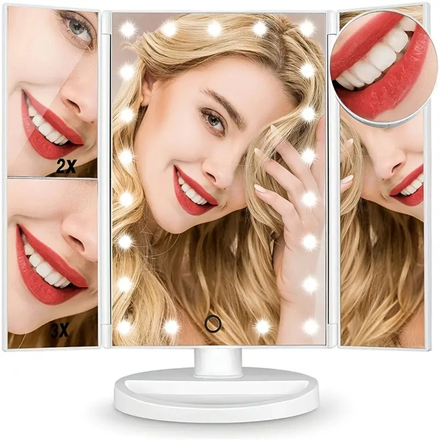 Portable Tri-fold Lighted Vanity Makeup Mirror with 3x/2x/1x Magnification Bright LEDs Light and Easy-to-Use Touch Screen Techn