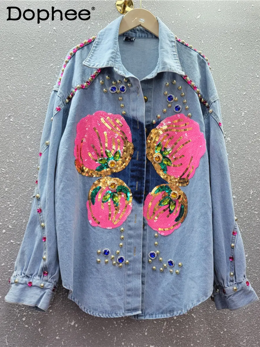 Heavy Industry Beads Diamond Denim Shirt Women Camisa Loose Sequins Sweet Flower Long Sleeve Blouse Top 2023 Spring New Clothes