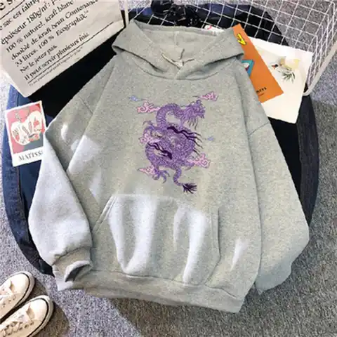 Women Men Hoodie Hooded Hat Long Sleeves Dragon Print Loose Keep Warm Pullover Unisex Spring Hoodie Adult Clothing