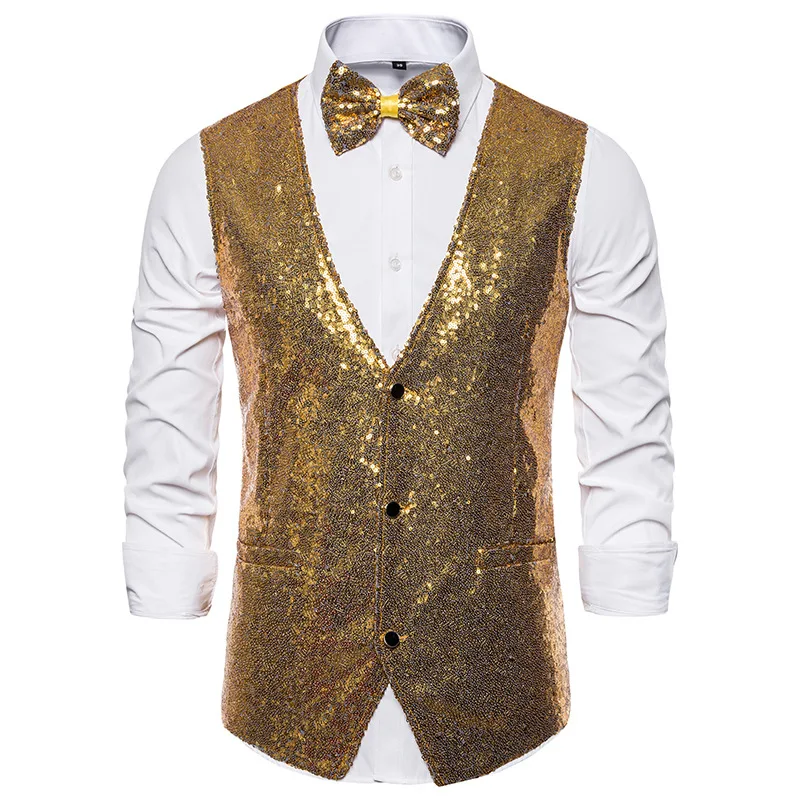 

Mens Gold Sequins Vest Shiny Suit Vest Men V Neck Party Dress Waistcoat Bowtie 2 Pieces Nightclub Stage Singer Prom Gilet Homme