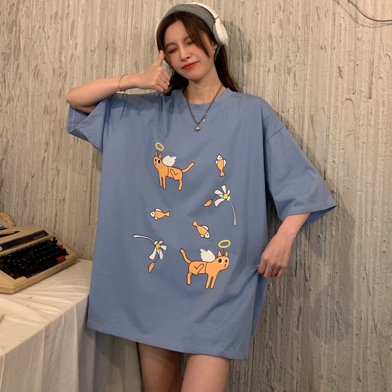 

Футболка женская повседневная с коротким рукавом, модный топ в Корейском стиле, свободная рубашка с принтом, Houthion, на лето