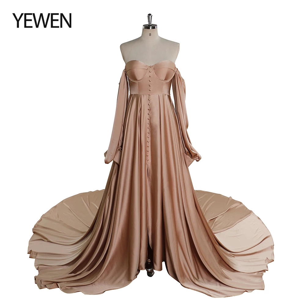 

A-line Silk Satin Matrenity Dress for Photo Shoot Lace Up Back Long Sleeves Photography Shoot Gown YEWEN YW220928