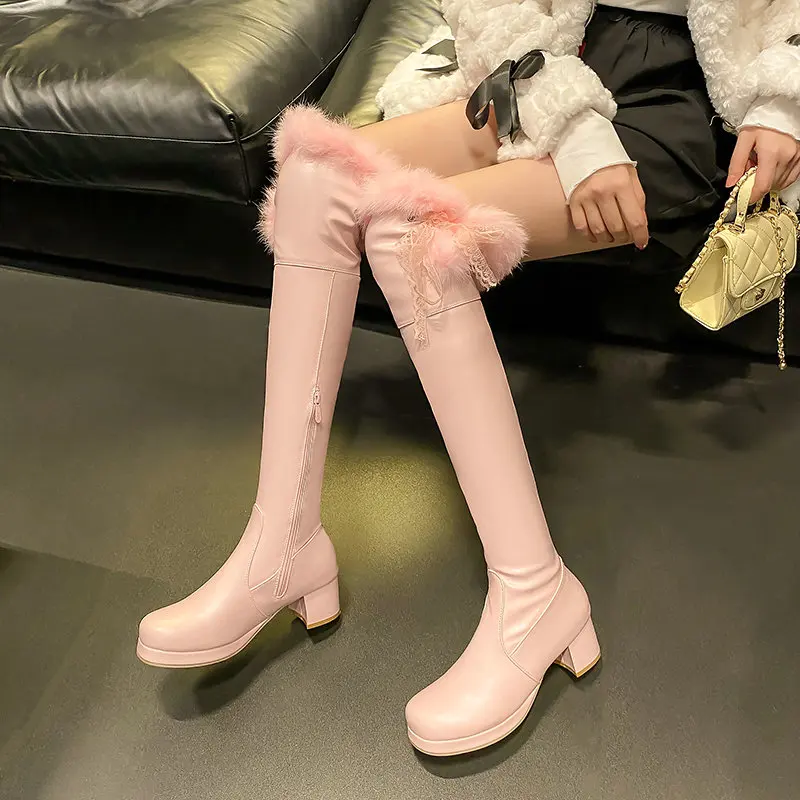 

Japanese Style Sweet Lolita JK Winter Girls Shoes Pink White Overknees Warm Fur Lined Square Chunky Heels Over-the-knee Boots