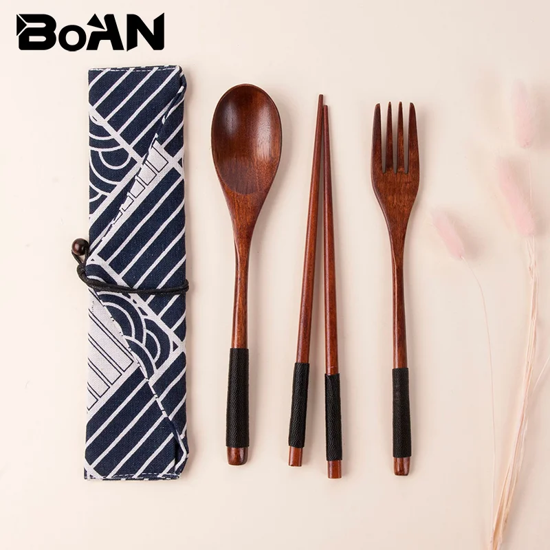 

Japanese-style Long Handle Spoons Fork Chopsticks Three-piece Set Wooden Outdoor Korean Portable Tableware Chopsticks Spoon Set