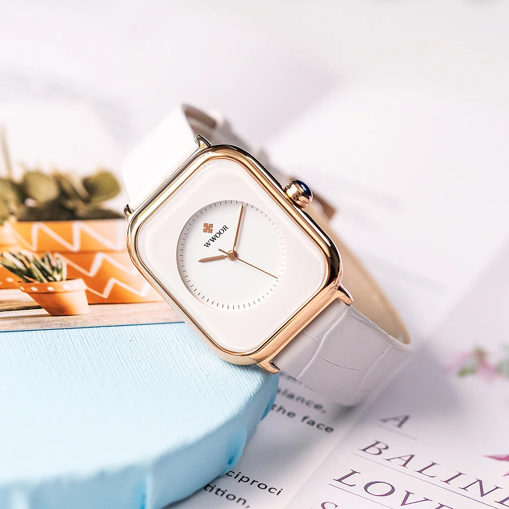 Women Fashion Square Watches WWOOR Brand Ladies Quartz Wristwatch Simple White Leather Band Dress Waterproof Watches Reloj Mujer