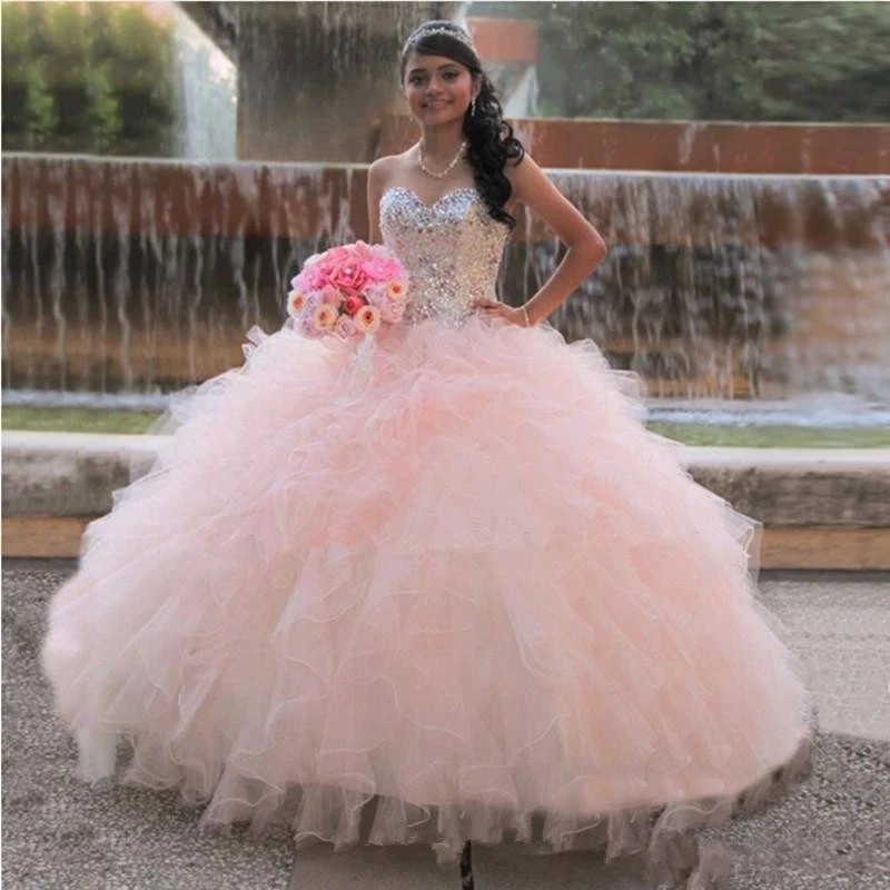 

ANGELSBRIDEP Sweetheart Ball Gown Quinceanera Dresses Puffy Organza Ruffles Beading Crystals Princess Birthday Robes De Soirée