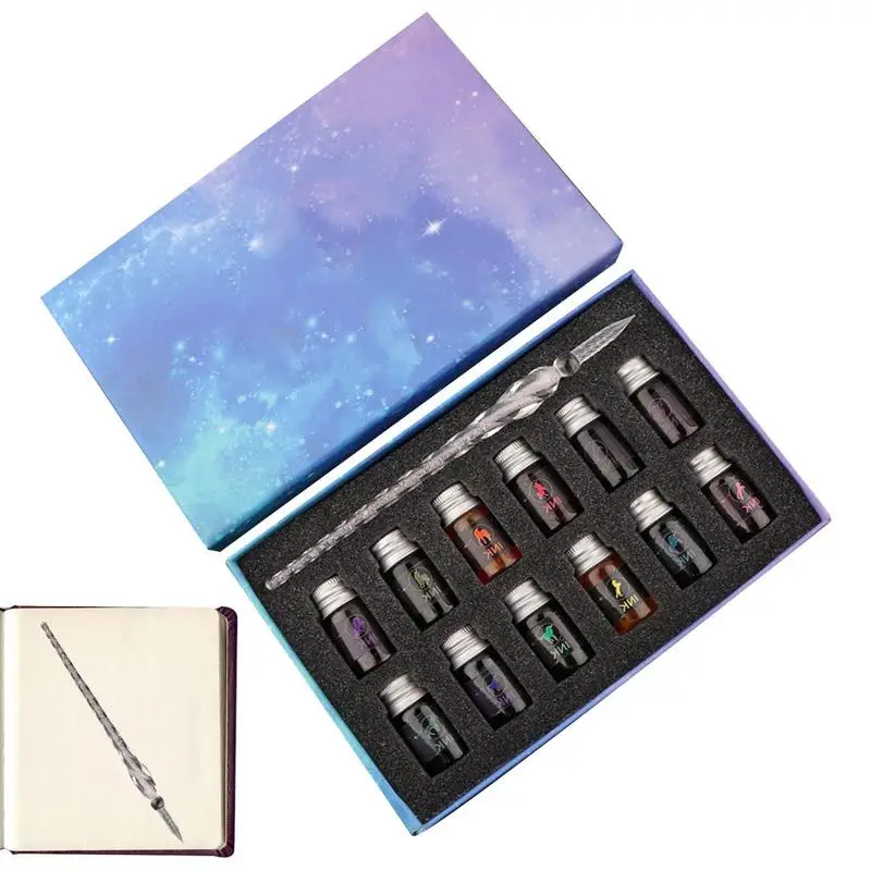 

Starry Sky Crystal Glass Pens Calligraphy Dip Pen With 12 Colors Inks Glitter Powder Fountain Pens Colors Ink Gift Box Writing