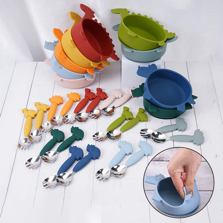 

Присоска детская из нержавеющей стали, ложка, вилка, миска на присоске, без бисфенола А, Силиконовый Набор для кормления детей, посуда для де...