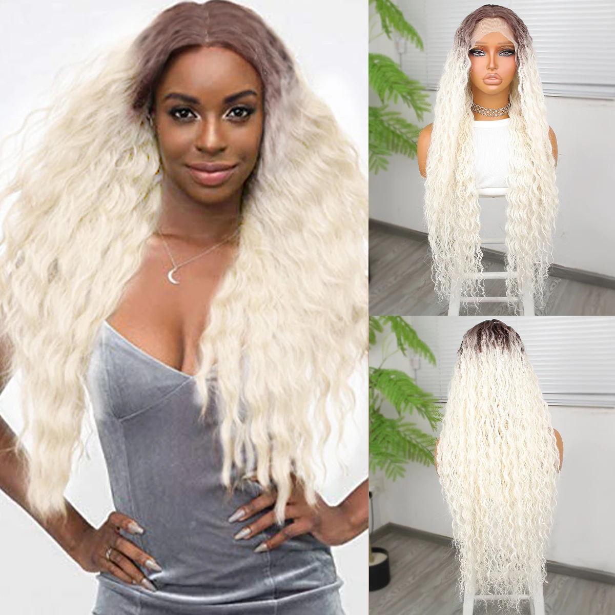 32-дюймовый длинный вьющийся парик белого цвета ежедневный для чернокожих женщин