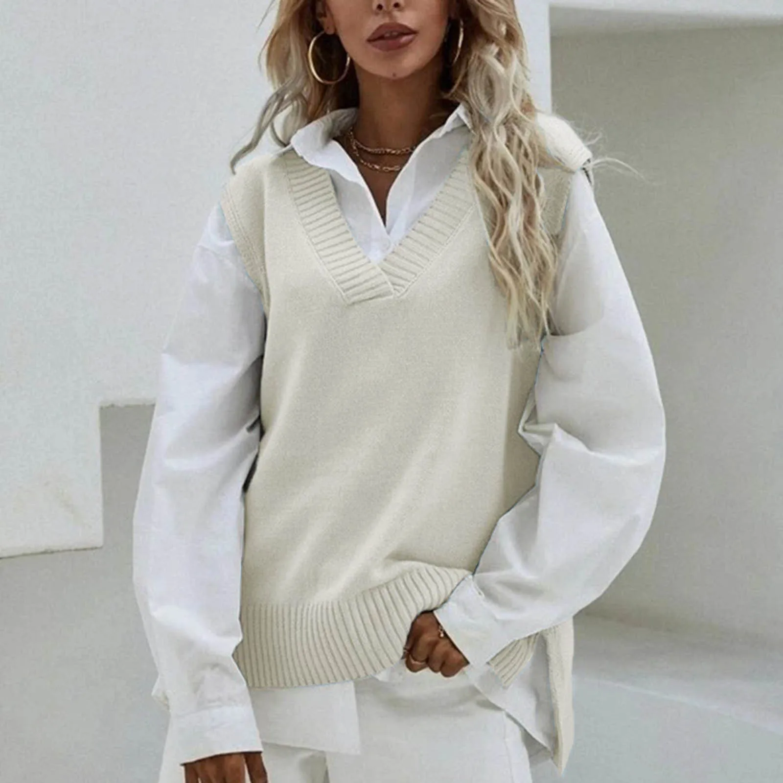

Women's Casual Sleeveless Vest V Neck Ribbed Knit Split Pullover Sweater Vest Blouse Solid Colour Loose Knitted Sweater Vest