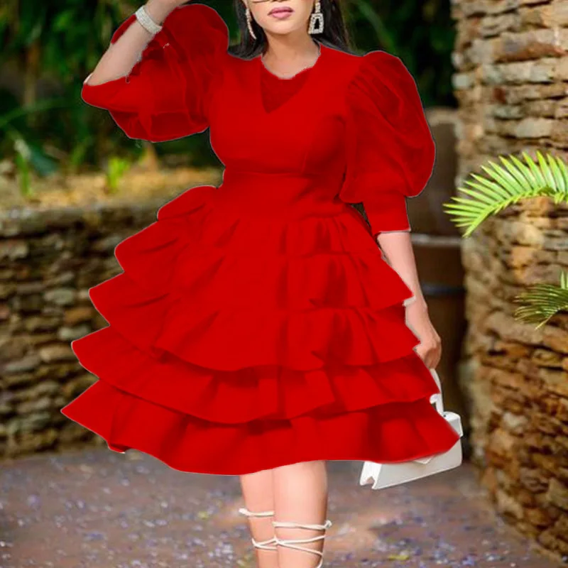 

Women Plus Size African Dress Vintage Puff Sleeve Cute Ruffle Tiered Layered Summer Spring Ladies Party Club Mini Dresses White