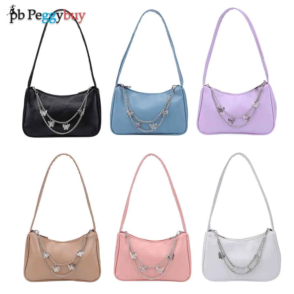 

Small Ladies Pure Color Shoulder Bags Popular Butterfly Chain Zipper Handbags PU Leather Simple Underarm Bags