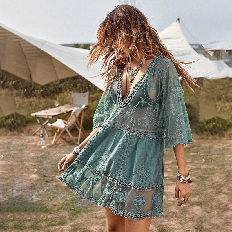 

New Deep V Neck Boho Beach Outing Sheer Sexy Lace Tunic Pareo Swimwear Summer Vintage Short Dress Holiday Cover Up 2023
