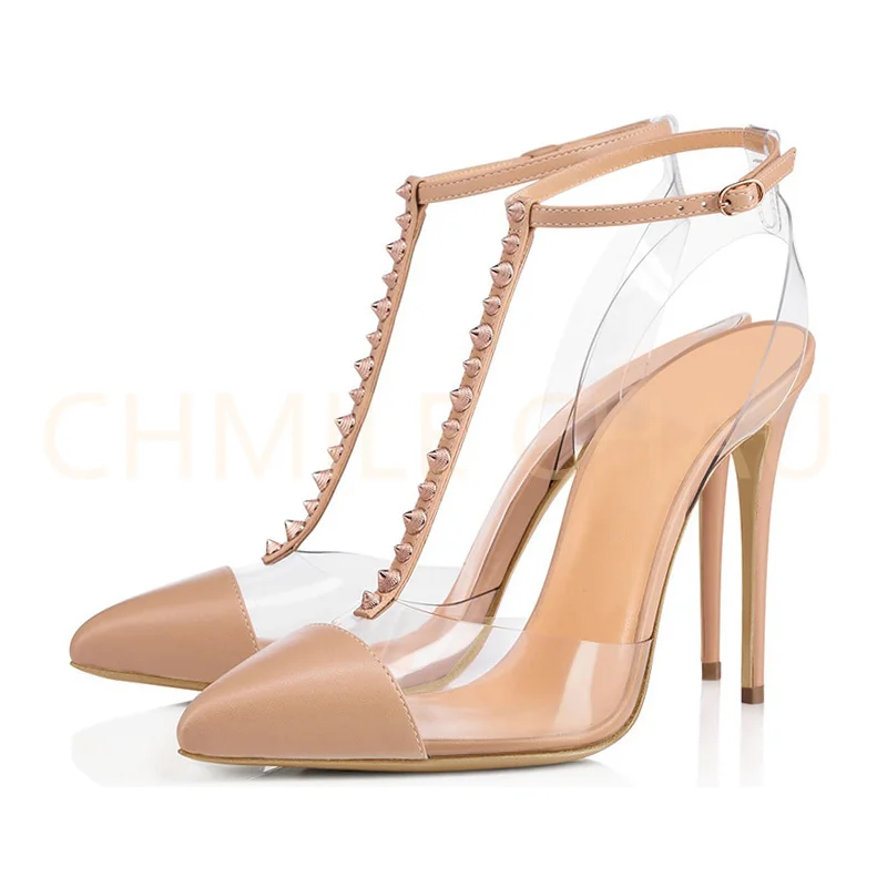 

CHMILE CHAU Women T Strap Rivet Sandal Transparent Strap High Heels Pumps Women Summer Party Dress Lady Shoe Big Size 114-CHC-26