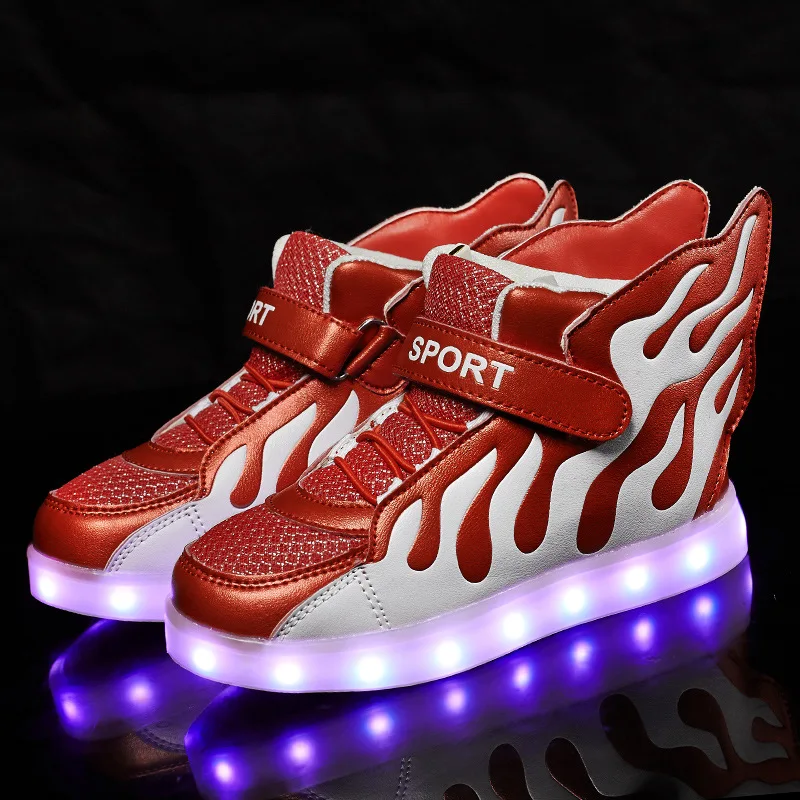 

Children Mesh Surface Velcro High-top Wing Flame Lamp Shoes Boys Girls LED Light-emitting Shoes Casual Sports Children's Shoes