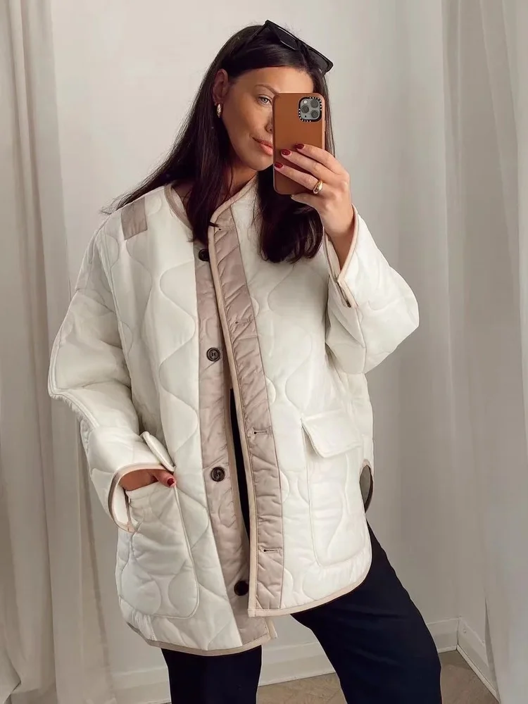 Fashion Single Breasted White Qulited Jackets Women 2022 Autumn Winter Casual Loose Irregular Hems Parkas Coats Streetwear