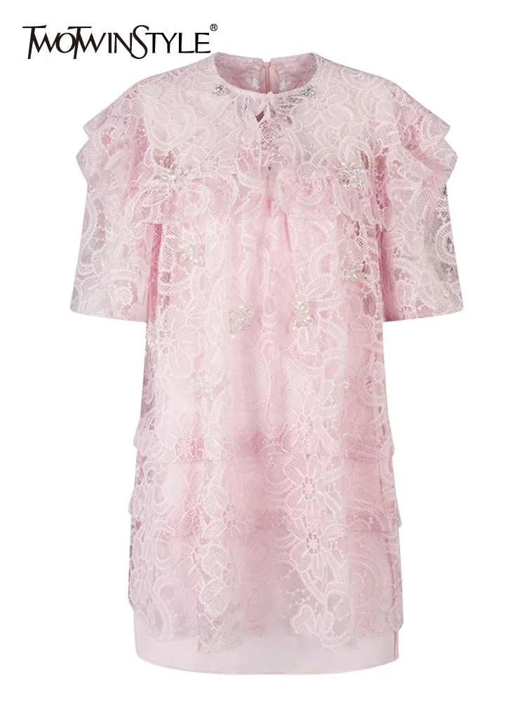 

TWOTWINSTYLE Sweet Pink Dress For Women Peter Pan Collar Short Sleeve Lace Panel Mini Dresses Female Summer Clothing New 2022
