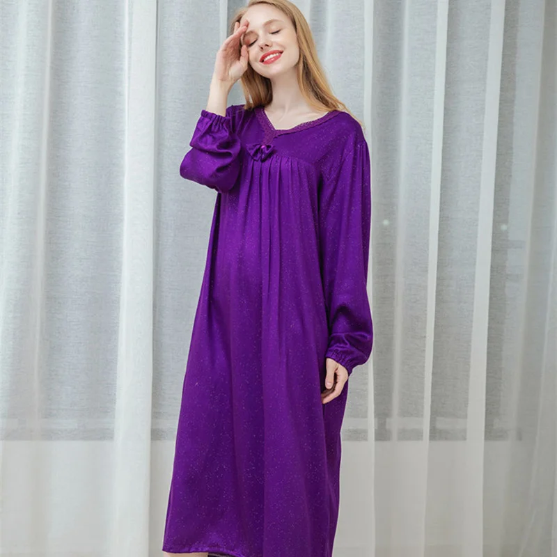 Women Nightgown Cotton Sleepshirt Long Sleeve V Neck Dress Casual Autumn Spring Nightwear Sleepwear Home Dressing Gown Plus Size