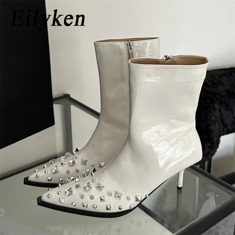 

Eilyken Rivet Pointed Toe Thin Low Heels Boots Women Fashion Zipper Pumps Sexy Soft Leather Ladies Party Ladies Shoes