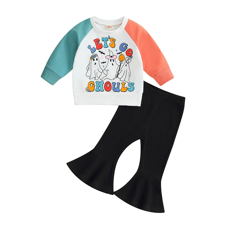 

Toddler Baby Girl Halloween Clothes Letter &Ghost Print Long Sleeve Sweatshirt Flare Pants Outfit