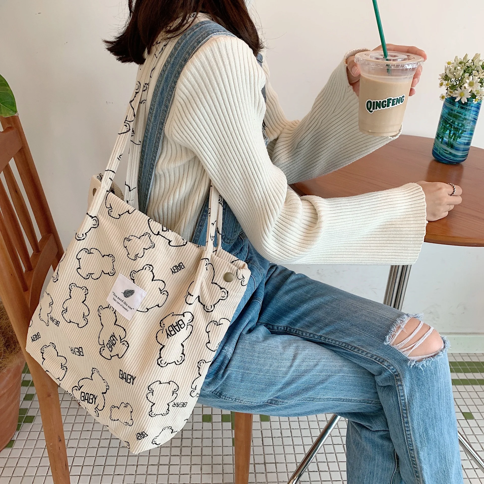 

Cute Bears Corduroy Shoulder Bag Reusable Shopping Bags Casual Tote New Soft Female Handbag Hot Sale Canvas Large Size Pocket