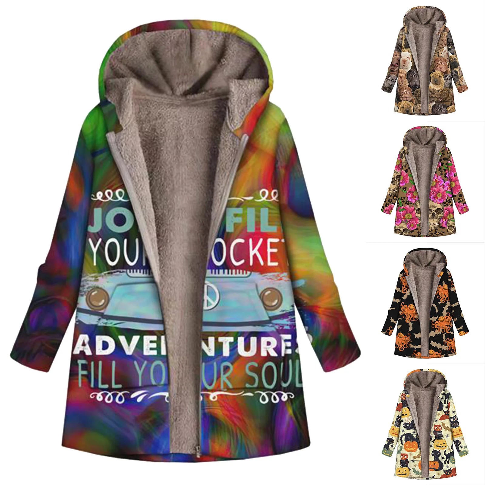 

Женское флисовое утепленное пальто с круглым вырезом и креативным принтом, теплая трендовая зимняя толстовка с флисовой подкладкой, зимнее...