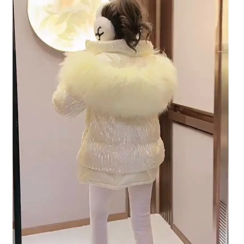 2022 New Winter Fashion Women Down Coats High Quality Large Fur Collar Hooded Parkas Sparkling Sequins White Duck Down Jacket